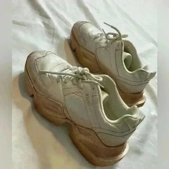 River Island Lace Up Glitter Chunky Style Trainers Sneaker Size 1 White Gold - Picture 6 of 14